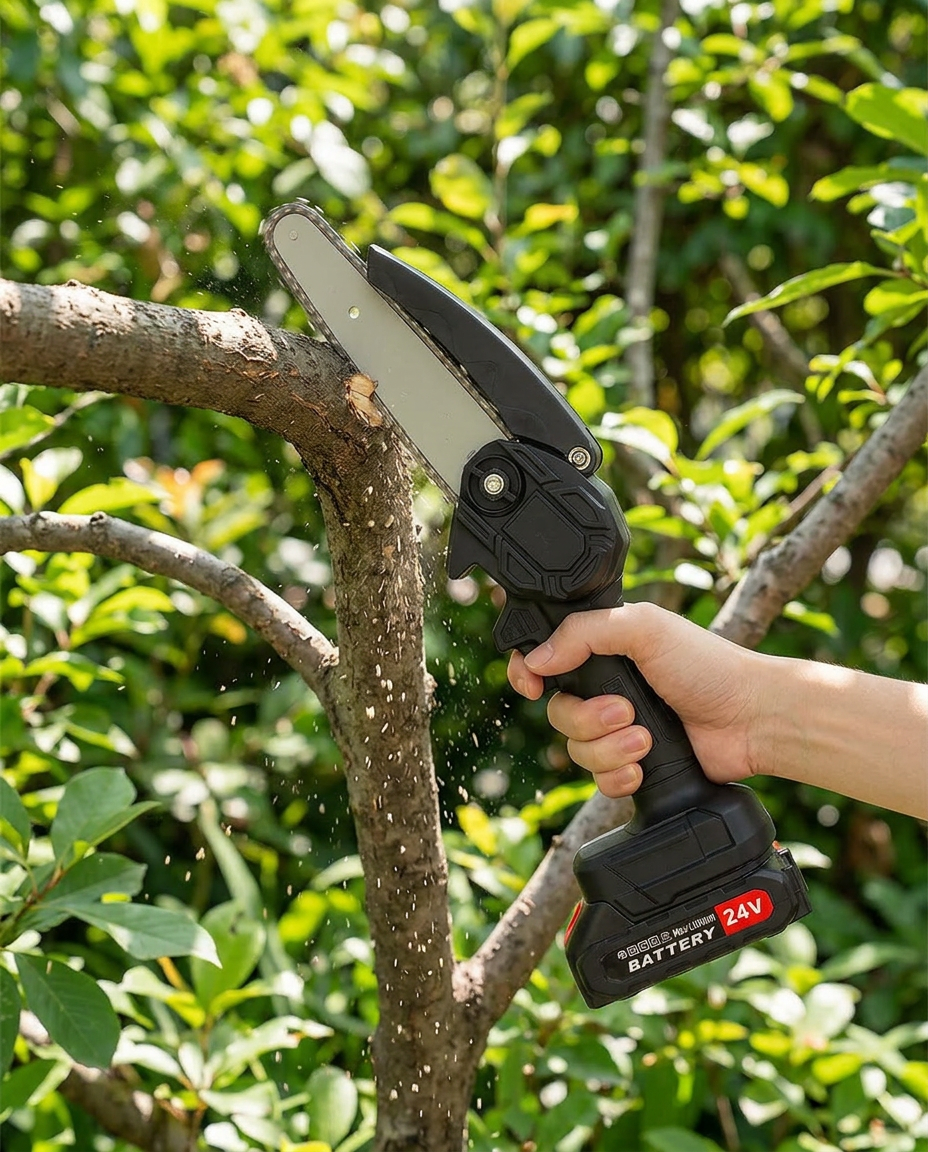 Motosega che taglia un ramo velocemente