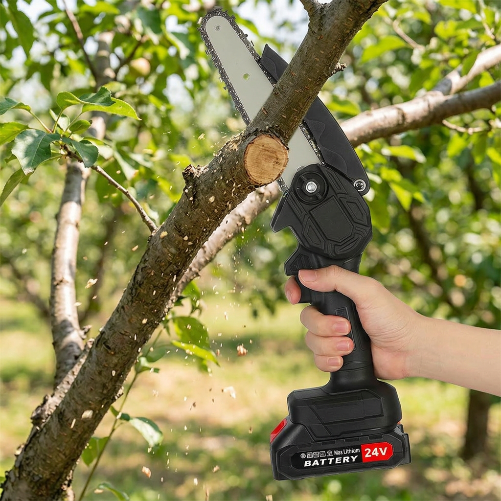 Mini Motosega a Batteria in azione, taglio di un ramo