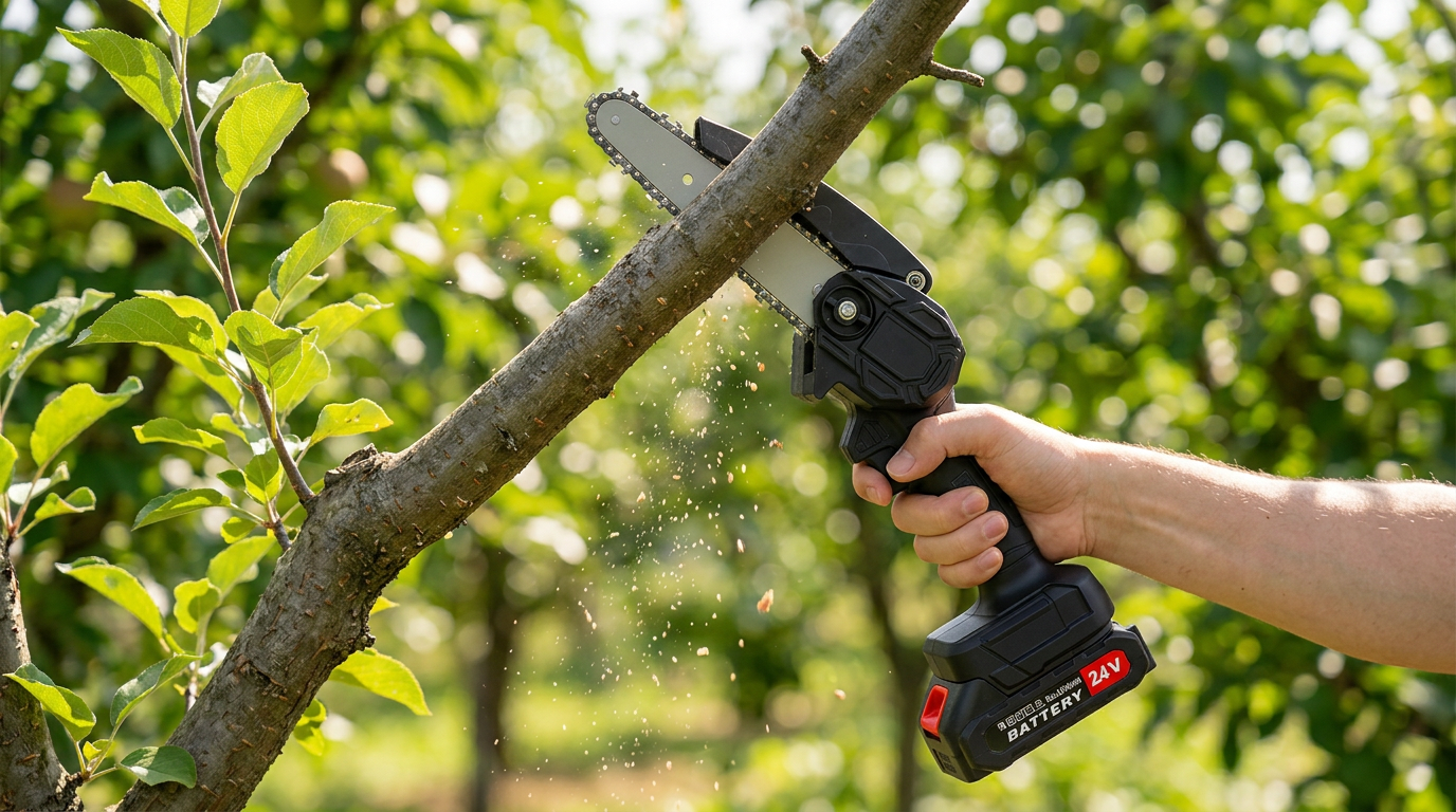 Persona che usa la mini motosega per diversi lavori in giardino